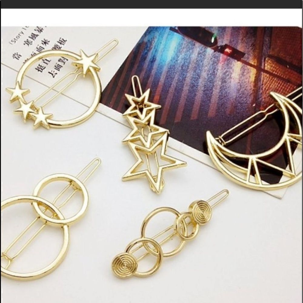⭐️ LOT Gold Hair Clips Barrettes Moon Stars Sun